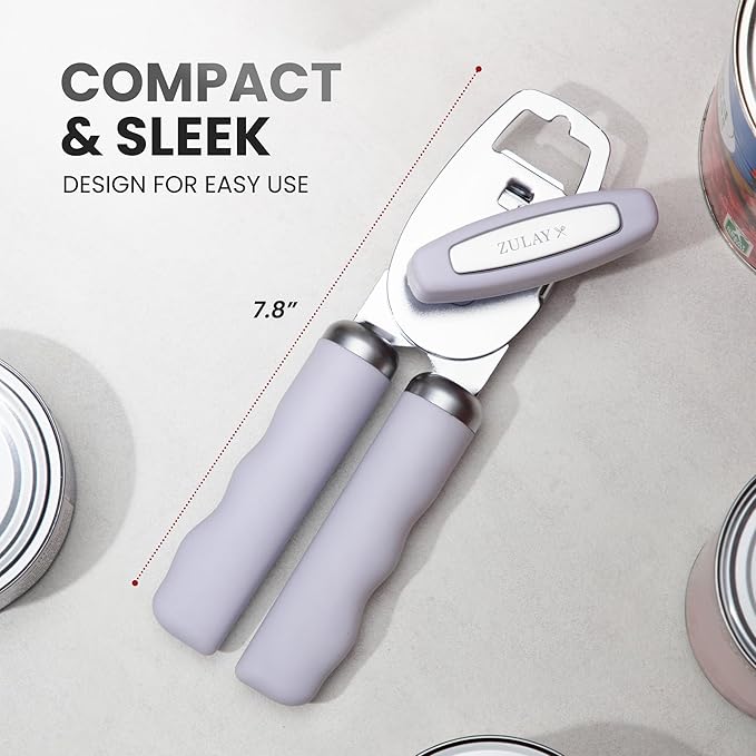 Zulay Kitchen Heavy Duty Stainless Steel Can Opener Manual with Bottle Opener - Rust Proof Manual Can Opener With Turn Knob & Comfy Soft Grip Handles - Airy Lilac