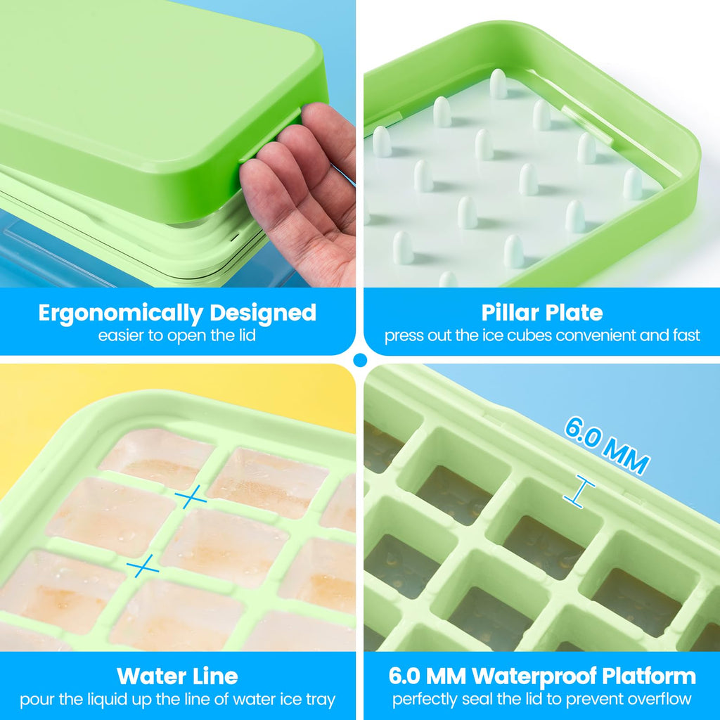 PHINOX Ice Cube Tray with Lid and Bin, Easy Release 28 Cubes for Freezer