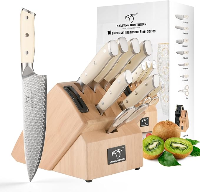 NANFANG BROTHERS® 10-Piece VG10 Damascus Knife Set, Rubberwood Block