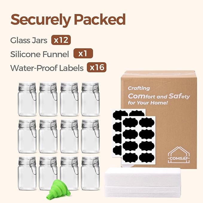 ComSaf Square Small 8 oz Glass Spice Jars with Airtight Lids 12 Pack Pantry