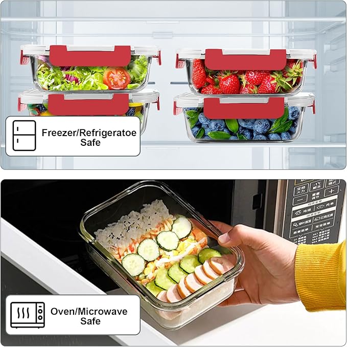 VERONES 10 PACK 22 OZ Glass Meal Prep Containers Set with Lids, Red