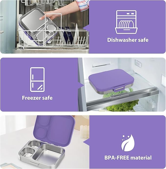 Pawtong Stainless Steel Bento Lunch Box for Kids | 3-Compartment Lunch Box Container Kids | 100% Leakproof, Eco-Friendly, Perfect Portion Control for Kids&Adult Healthy Meals (Purple)