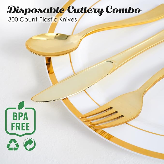 FOCUSLINE 300 Pack Disposable Gold Plastic Knives, Solid and Durable Plastic Cutlery Knives, Heavy Duty Disposable Utensil Silverware for Catering, Parties, Dinners, Weddings