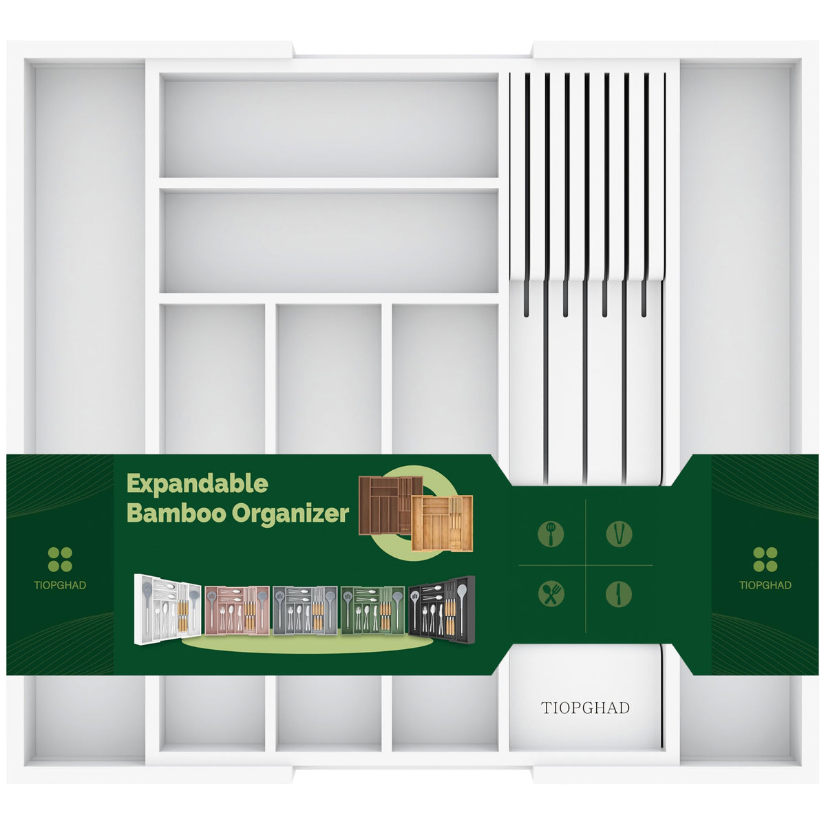 TIOPGHAD Expandable Bamboo Silverware Drawer Organizer Tray, Grayish Green