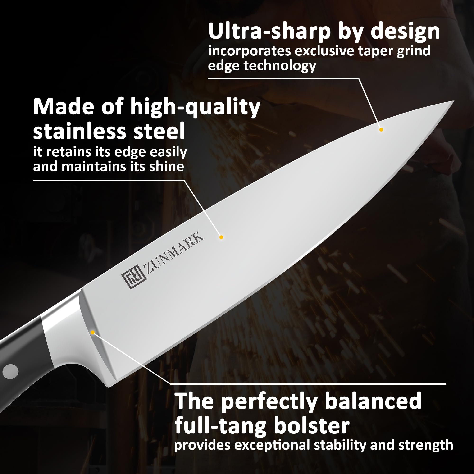 ZUNMARK Kitchen Knife Set, Professional 13 Piece Knife Set with Block and Sharpener, Sharp Chef Knife Set, Ideal for Home and Restaurants, Elegant Black