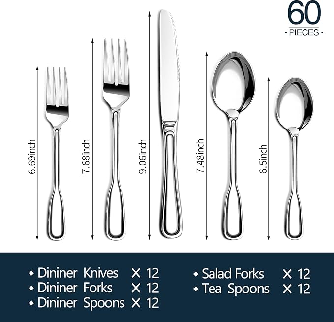 Silverware Set for 12, 60 Piece Boston Style Stainless Steel Flatware Set