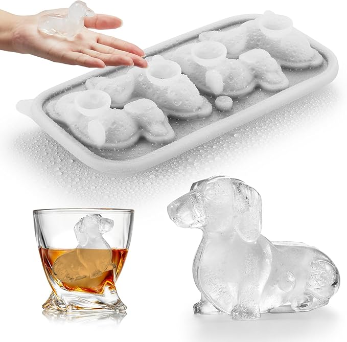 ACOOKEE 3D Dachshund Dog Ice Cube Mold, 4 Hole Fun Shapes Large Dachshund Dog Ice Cube Tray for Whiskey,Cocktail,Bourbon, Cute Novelty Dachshund Gifts for Women, BPA Free