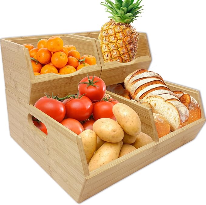 MinBoo Bamboo Stackable Pantry Storage Bins Potato and Onion Storage,Fruit Basket for Pantry Organization,Fruit Bowl for Kitchen Counter,Fruit and Vegetable Storage (Bamboo)