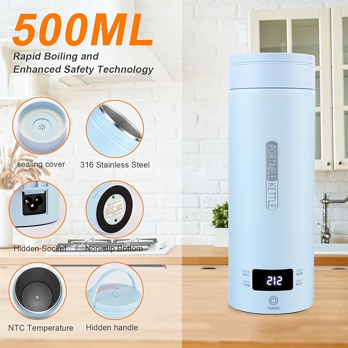 Rzlinn Travel Kettle,Portable Electric Kettle with Temperature Control, Brews Two Cups of Coffee, 316 Stainless Steel Inner Tank, Elegant Blue