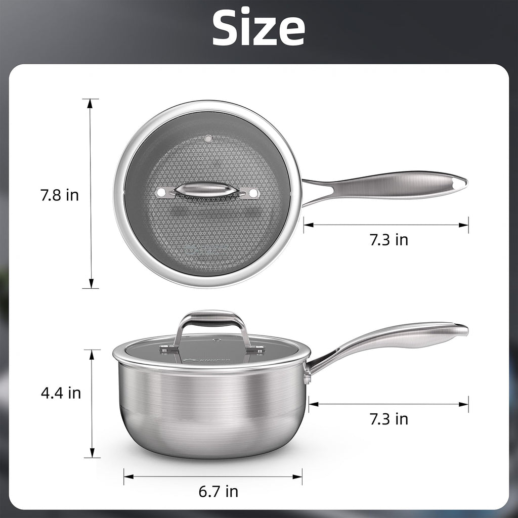 COOKER KING 3 Quart Stainless Steel Saucepan with Lid, Tri-Ply Ceramic Nonstick Pot, Metal Utensil Safe, Dishwasher & Oven Safe up to 900F, Induction Cookware for All Stovetops