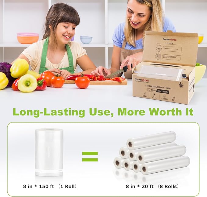Bonsenkitchen 8” x 150’ Vacuum Sealer Bags Rolls with Cutter for Food