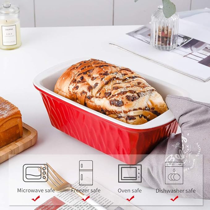 KOOV Ceramic Loaf Pan, Bread Baking Pan, 9 x 5 inch Baking Dish, Rectangular Bakeware for Cooking, Home Kitchen, Texture Series(Red)