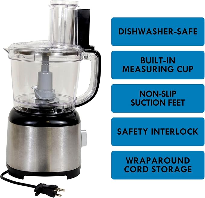 Kenmore Food Processor and Vegetable Chopper with Reversible Slicing/Shredding Disc, Chop, Slice, Shred, Mince, Grate, Puree, Stainless Steel, 11-Cup, 500W, Black and Silver