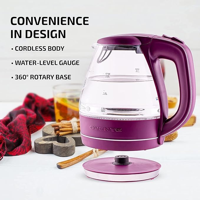 OVENTE 1.5L Glass Electric Kettle Water Boiler, Purple KG83P