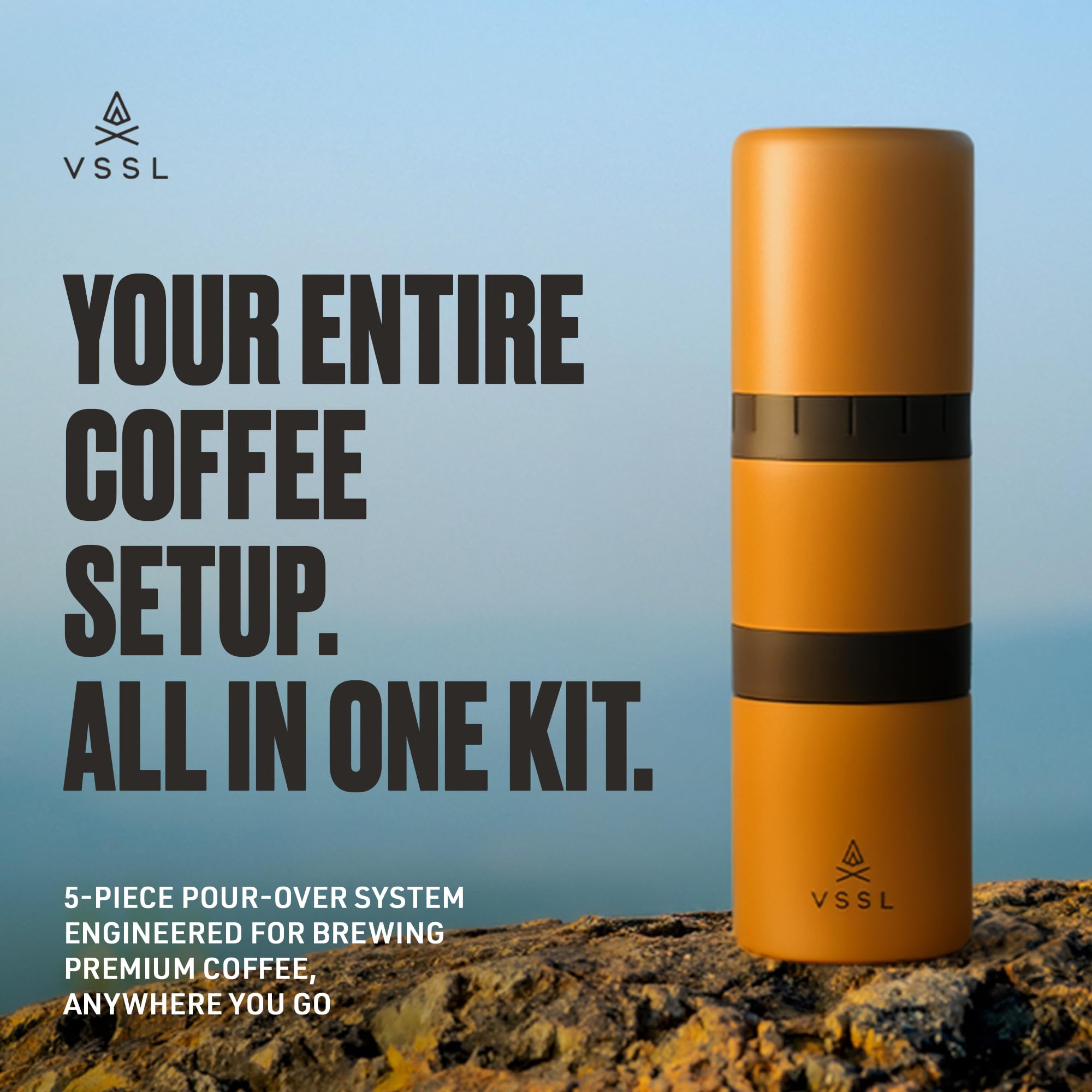 VSSL - Nest Pour Over Coffee Kit | Coffee Maker for Camping | All-In-One Travel Pour Over | Transportable Dripper, Two 10oz Stainless Steel Travel Mugs | Compact Storage & Adventure Ready | Sahara