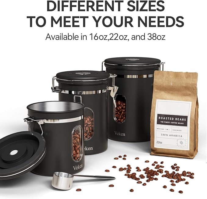 Veken Coffee Canister with Window, Airtight Stainless Steel Container, 22OZ