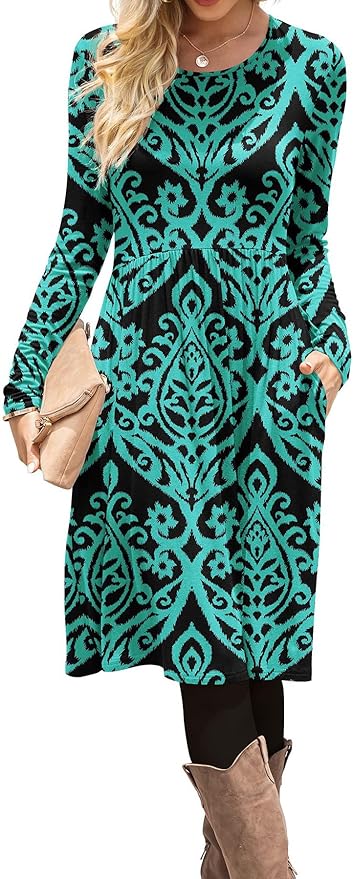 DB MOON Women Casual Long Sleeve Dresses Empire Waist Knee Length Loose Dress with Pockets (Black and Green, S)
