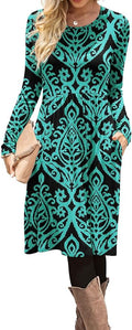 DB MOON Women Casual Long Sleeve Dresses Empire Waist Knee Length Loose Dress with Pockets (Black and Green, S)