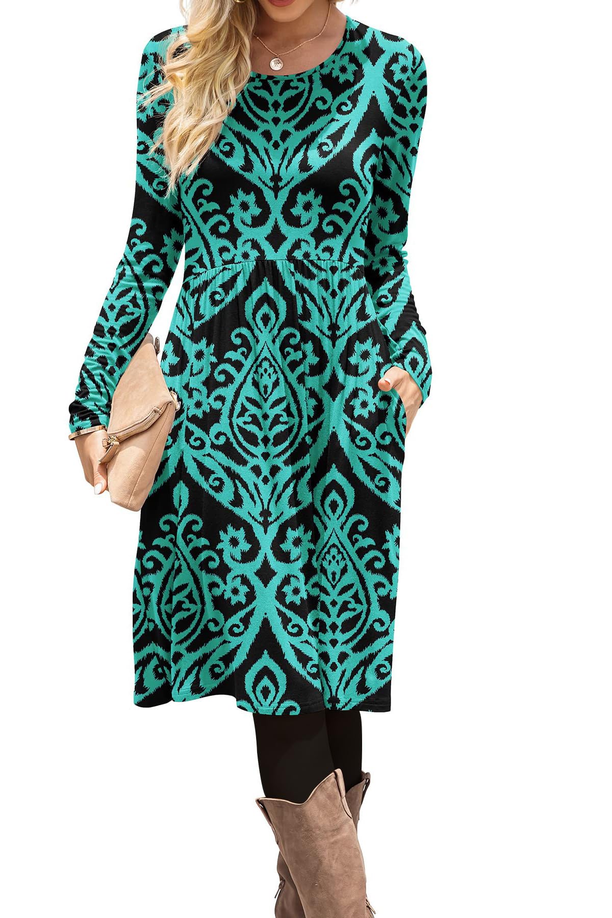 DB MOON Women Casual Long Sleeve Dresses Empire Waist Knee Length Loose Dress with Pockets (Black and Green, XL)