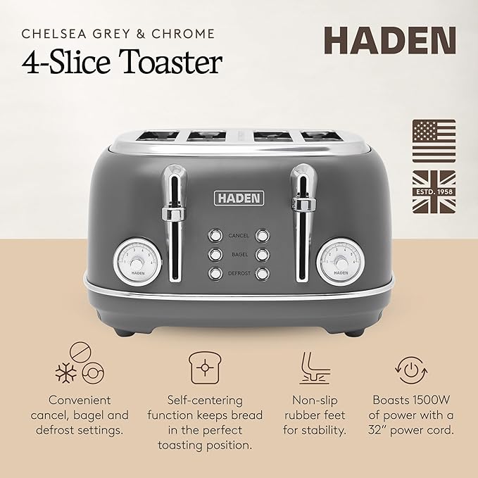 Haden Chelsea 4-Slice Wide Slot Stainless Steel Toaster with Adjustable Browning Control & Non-Slip Feet, Grey & Chrome