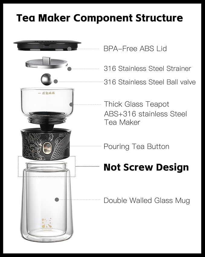 ZENS Glass Infuser Teapot, Cool One Touch Tea Maker For Loose Tea, Dragon