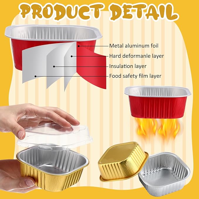 Aoriher 150 Pcs 10 oz Mini Cake Pans with Lids Aluminum Foil Baking Cup Disposable Square 4 x 4 Large Baking Tin, Muffin Pan Cheesecake Kitchen Brownie Pudding Desserts Holder(Multicolor)