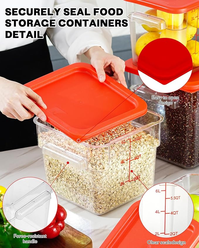 SVKLHY 4QT 6PCS NSF Commercial Clear Food Storage Containers with Lids(RED)