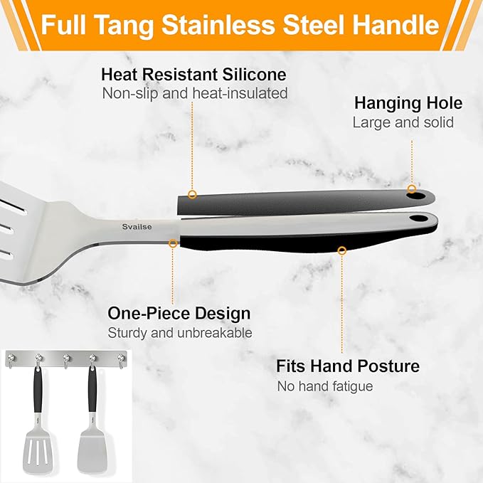 Svailse 13.4 in Stainless Steel Spatula Set of 2, Heavy Duty Solid & Slotted Metal Spatula with Silicone Handle for Cast Iron Skillet, Egg, Burger and Grilling, Large