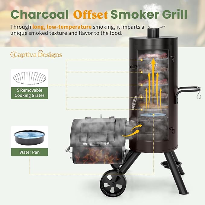 Captiva Designs Vertical Charcoal Smoker Grill Extra Large Barbecue Grill