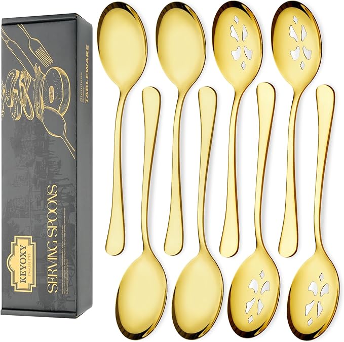 Keyoxy 8 Piece Stainless Steel Serving Spoon Set - 4 Large, 4 Slotted,Dishwasher Safe,10-Inch,Gold, for Parties/Kitchen/Buffet/Catering