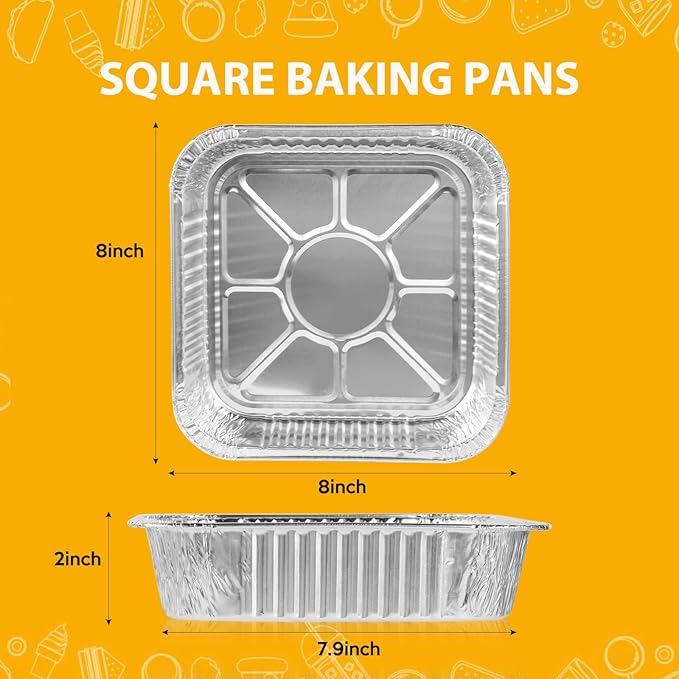 Homewarm 8"x8" Aluminum Foil Pans Disposable - 20 Pack Square Baking Pans Disposable Grill Accessories Meal Prep Containers Heavy Duty Tin Foil Pan for Baking Cake, Oven Cooking, Heating, Storing
