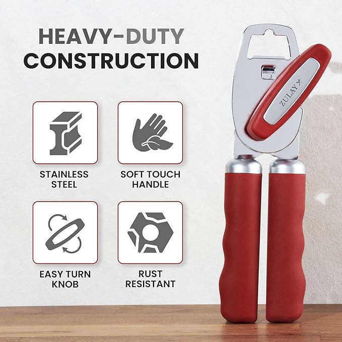 Zulay Kitchen Heavy Duty Stainless Steel Can Opener Manual with Bottle Opener - Rust Proof Manual Can Opener With Turn Knob & Comfy Soft Grip Handles - Red