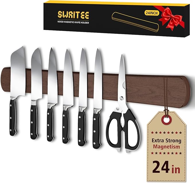 Swaitee Magnetic Knife Holder for Wall, 24 Inch Large Acacia Wood Magnetic Knife Strip, Kitchen Storage Organizer, Fridge Side Mount, Housewarming Gifts for New Home
