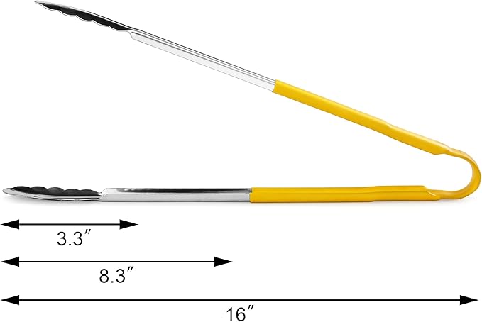 New Star Foodservice 16 Inch Utility Spring Tongs, Set of 12, Commercial Restaurant Grade Stainless Steel Tongs with Yellow Vinyl Coated Handles