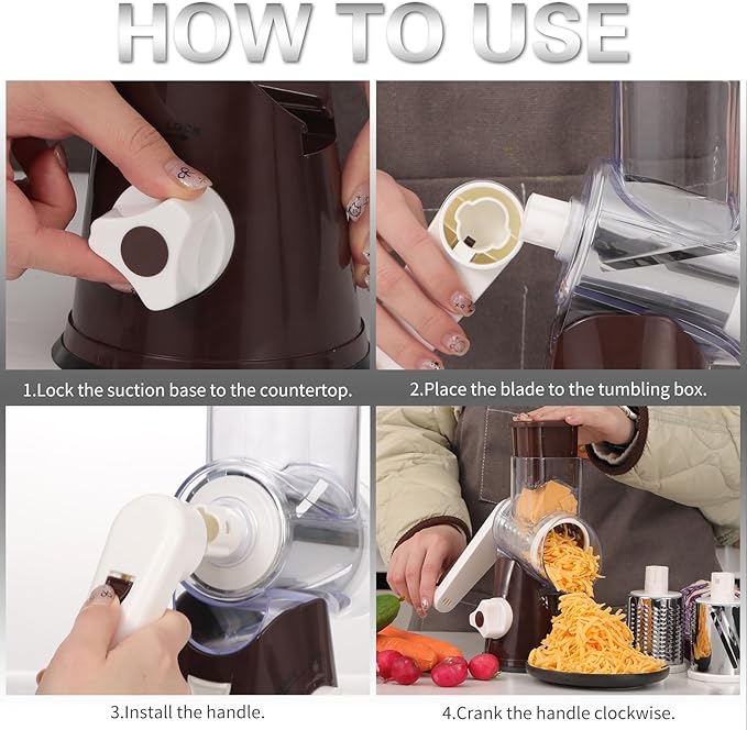 Cambom Rotary Cheese Grater Hand Crank Cheese Shredder for Fresh Cheese, Vegetable, Nuts,Non-slip Suction Base, Three Blades, Coffe Color