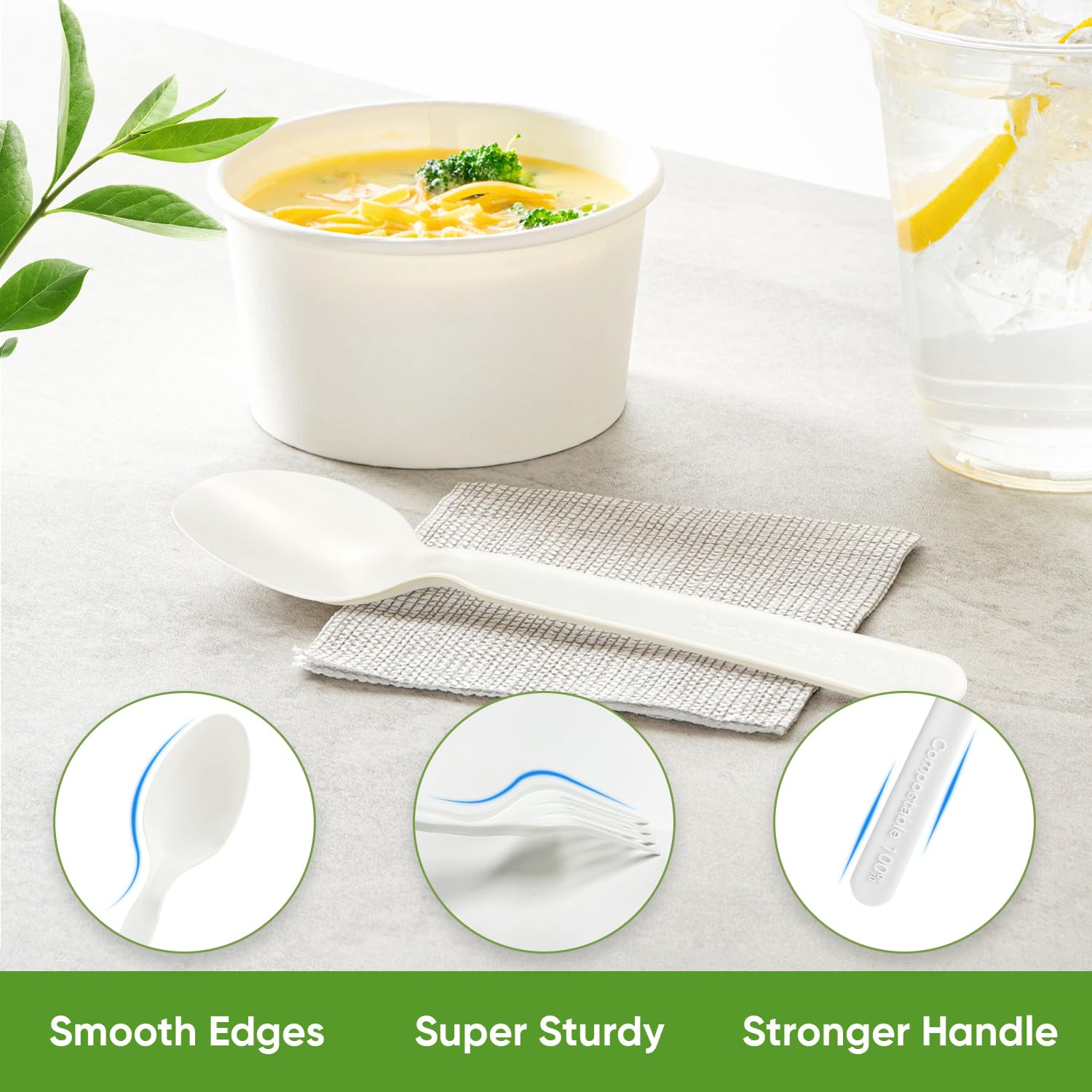 Compostable Spoons 100 Count Heavy Duty 100% No Plastic Spoons Bulk Cornstarch Biodegradable Spoon Eco Friendly Compostable Utensils for Party Campin