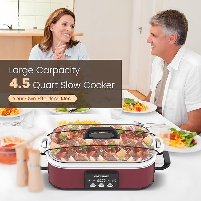 4 Quart Casserole Programmable Slow Cooker with Ceramic Baking Dish - Perfect Kitchen Small Appliance for Family Dinners, Oven Safe and Durable Bakeware for Lasagna, Roasts, Red