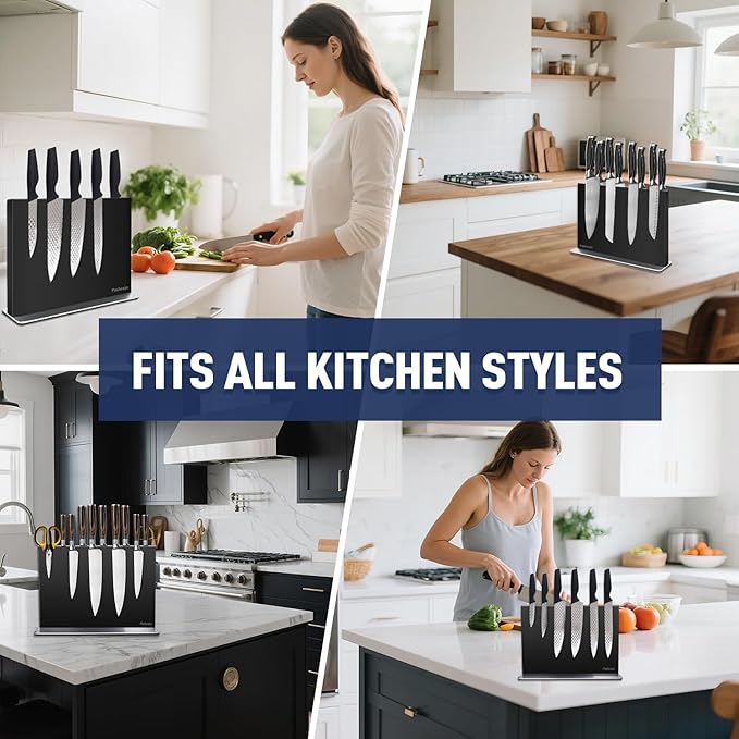 Pailexin Magnetic Knife Block Without Knives—Black Stainless Steel Double-Sided Magnetic Knife Holder Stand with Strong Magnets, Knife Storage Organizer for Kitchen Counter top