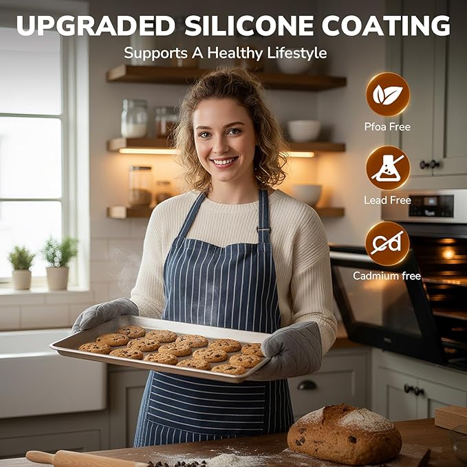 Sakerplus Nonstick Baking Sheet Pan Set of 3, Heavy Duty Cookie Sheets for Oven, 0.6mm Thick Quarter Size & Half Size & Jelly Roll Pan, Rustproof & Easy Clean with Textured Surface(Champagne Gold)