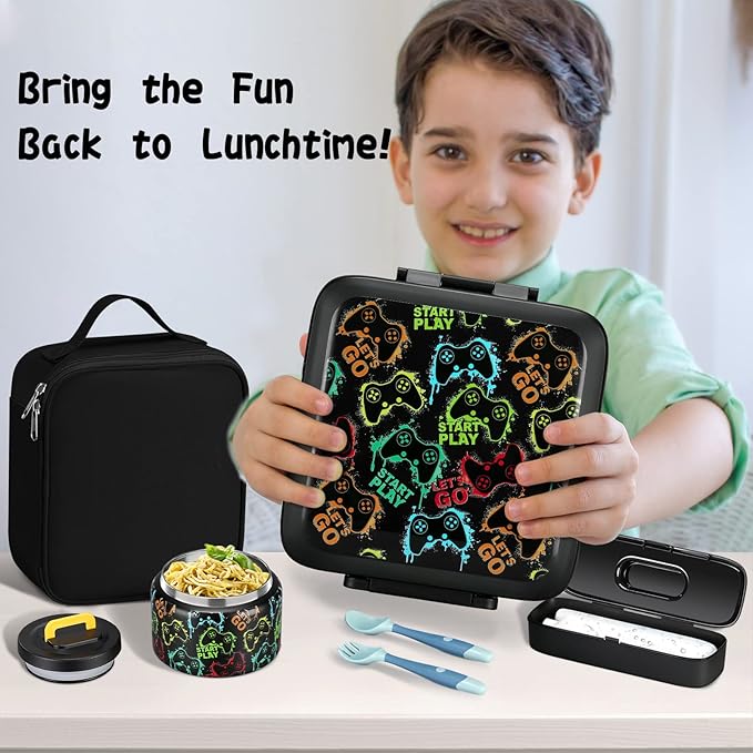 JXXM Bento Lunch Box for Kids With 8oz Soup thermo,Leak-proof Lunch Containers with 5 Compartment,thermo Food Jar and Lunch Bag, Food Containers for School (A-Black(Game Consoley))