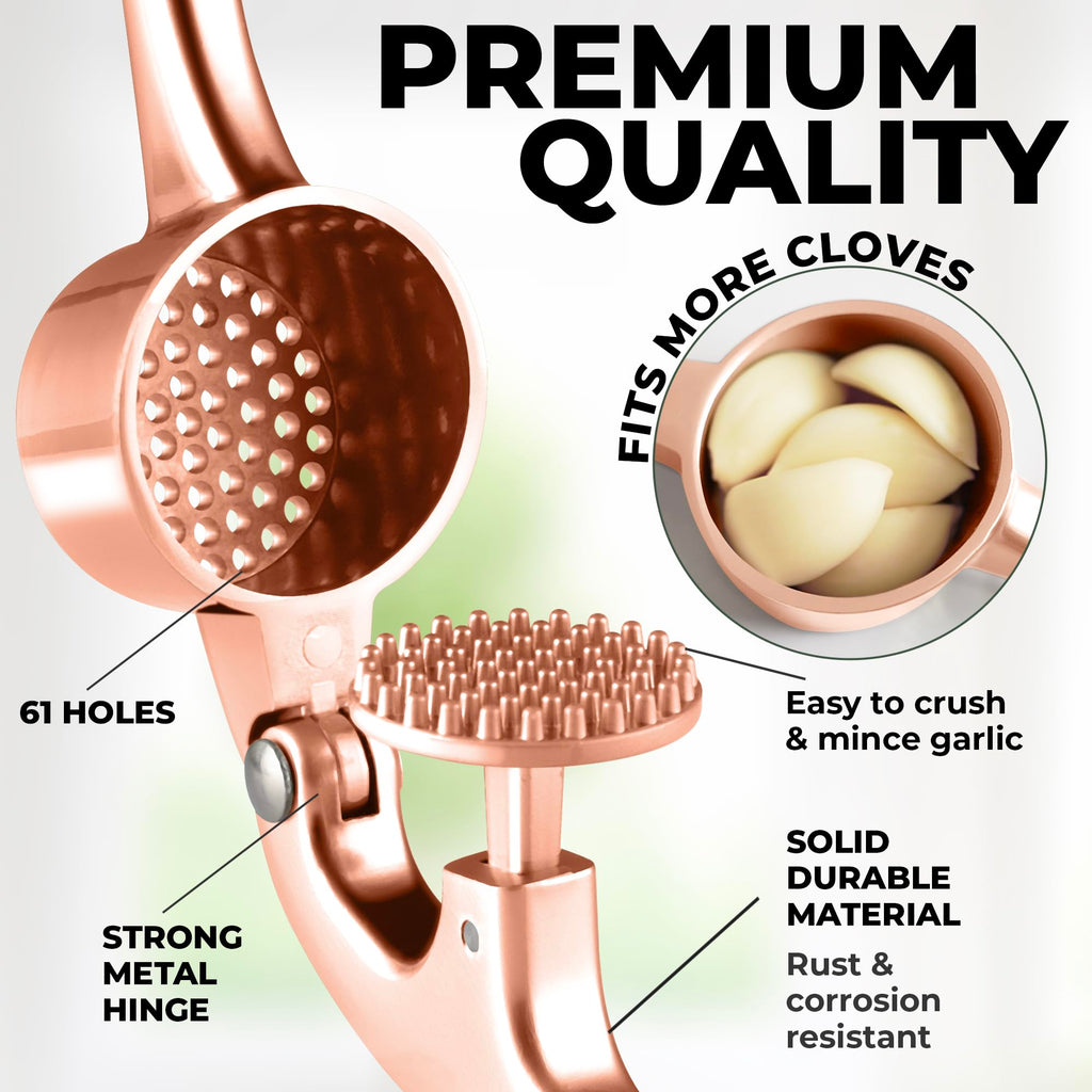Zulay Kitchen Premium Garlic Press Set - Rust Proof Professional Garlic Mincer Tool - Easy-Squeeze, Easy-Clean with Soft Handle - Silicone Garlic Peeler & Brush (Rose Gold)