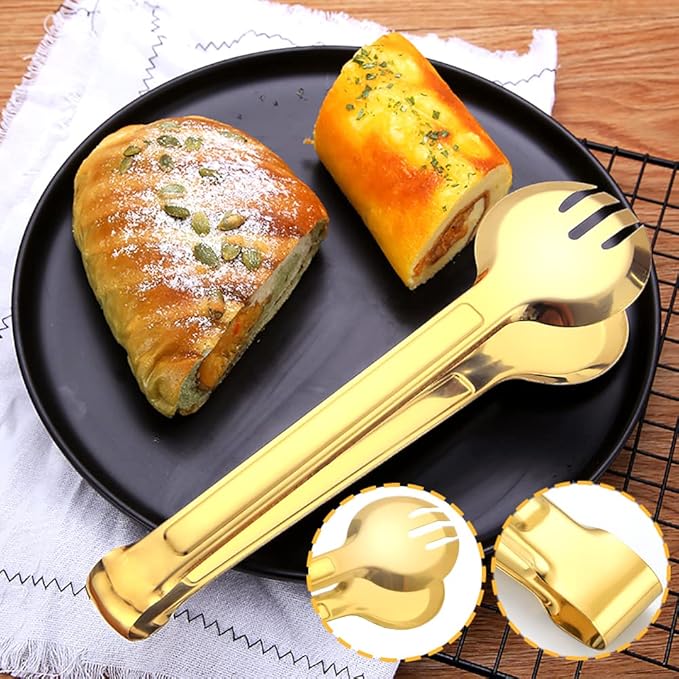IAXSEE 4 PCS Serving Tongs 9 Inch Buffet Tongs Stainless Steel Serving Utensils for Salad Buffet Appetizer Dessert Food Parties, Gold