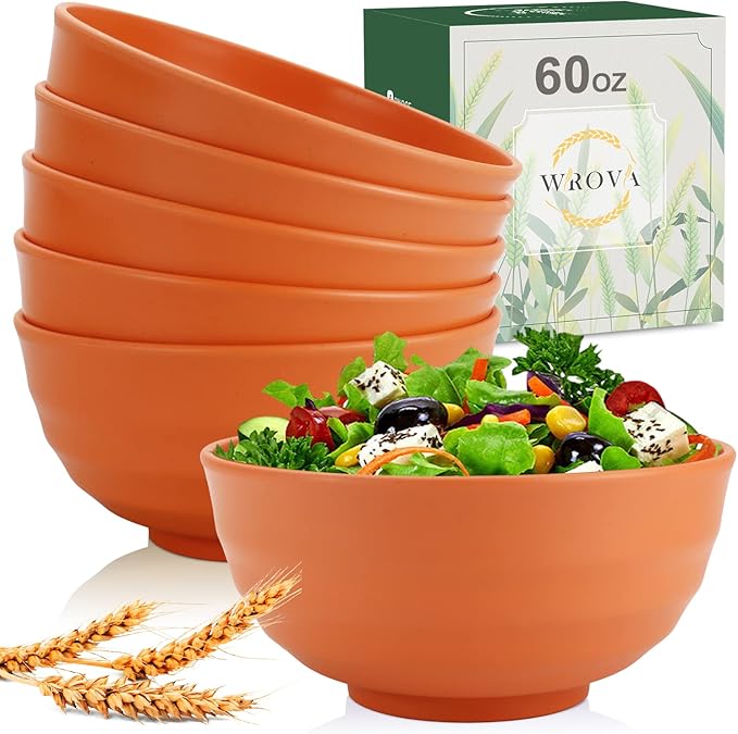 Wrova Wheat Straw Bowls Set 60 OZ Unbreakable Large Cereal Bowls Set of 6 Microwave and Dishwasher Safe Bowls Big Bowls for Eating BPA Free Soup Bowl for Serving Oatmeal and Salad Orange