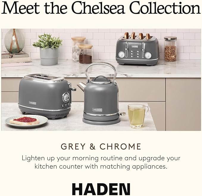 Haden Chelsea 2-Slice Wide Slot Stainless Steel Toaster with Adjustable Browning Control & Non-Slip Feet, Grey & Chrome