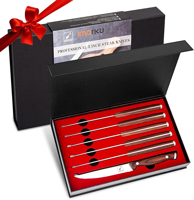 imarku Steak Knives Set of 6, Japanese HC Steel, Serrated, Gift Box