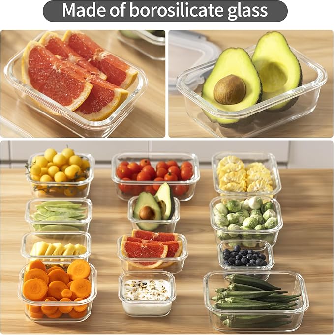 S SALIENT 24 Pieces Glass Food Storage Containers with Lids,Glass Meal Prep Containers Set with Locking Lid,Airtight Glass Lunch Container for Kitchen,BPA Free(12 Lids & 12 Containers)