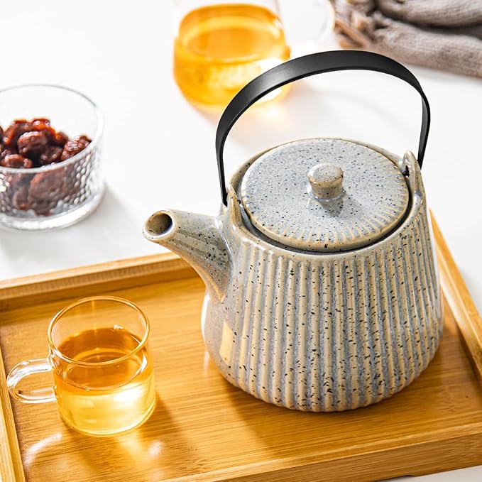 Yundu Ceramic Teapots for Tea, 1000ml/33.8oz Tea Pot with Infusers for Loose Tea, Striped Tea Pot with Removable Tea Infuser - Reactive Grey