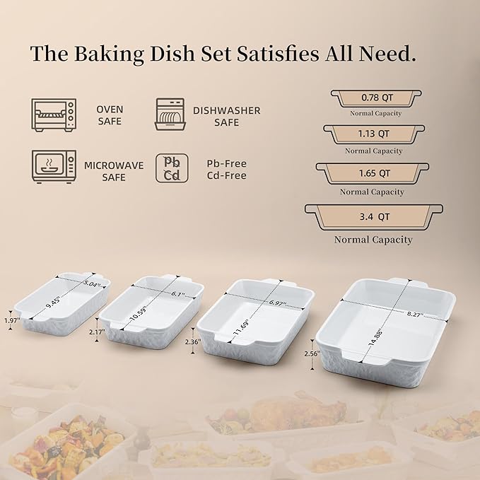 Dafuceramic Casserole Dishes for Oven, Baking Dishes, Ceramic Bakeware Sets of 4, Rectangular Baking Pan Set with Handles for Baking, Casserole, Kitchen, Wedding Gift,White