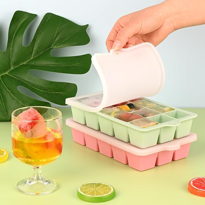 HUAKENER 2 Pack Silicone Ice Cube Tray, Ice Cube Trays for Freezer with Lid