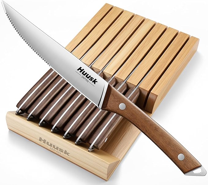Huusk Steak Knives Set of 8 with Wood Block, Serrated & Straight Dual-Edge